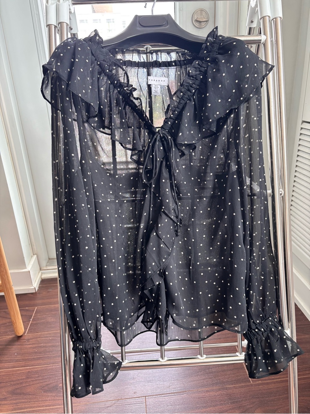 Topshop Black Sheer Polka Dot Ruffle Tie-Neck Blouse